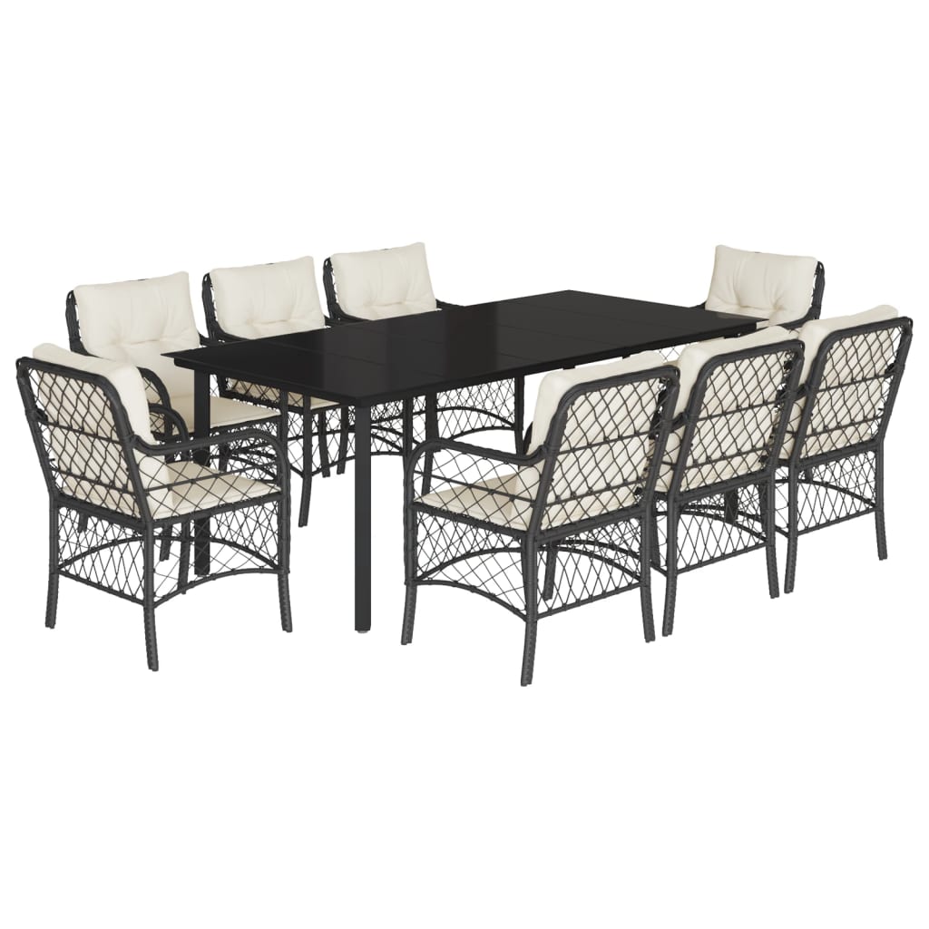 Set da Pranzo da Giardino 9 pz con Cuscini Nero in Polyrattan | homemem39