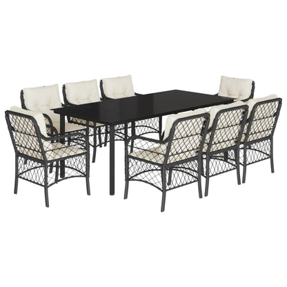 Set da Pranzo da Giardino 9 pz con Cuscini Nero in Polyrattan | homemem39