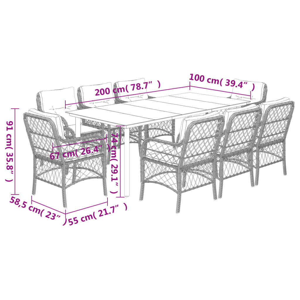 Set da Pranzo da Giardino 9 pz con Cuscini Nero in Polyrattan | homemem39