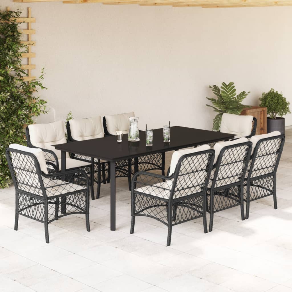 Set da Pranzo da Giardino 9 pz con Cuscini Nero in Polyrattan | homemem39