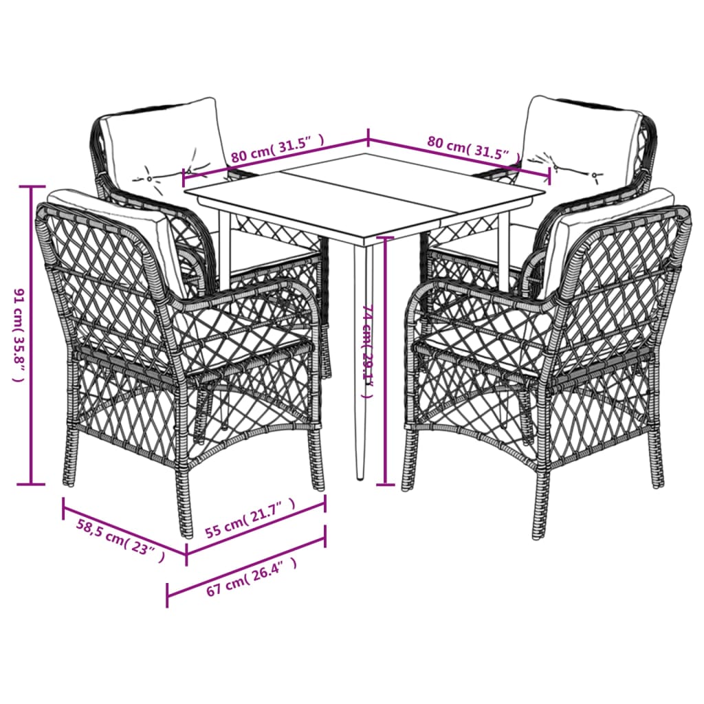 Set da Pranzo da Giardino 5 pz Nero con Cuscini in Polyrattan | homemem39