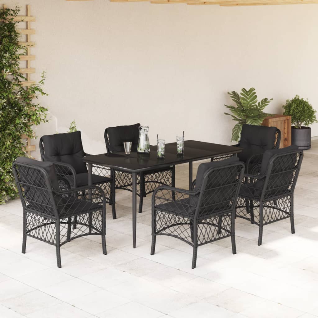 Set da Pranzo da Giardino 7 pz Nero con Cuscini in Polyrattan - homemem39