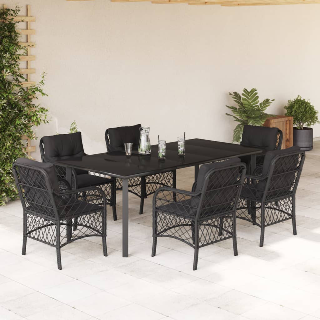 Set da Pranzo da Giardino 7 pz Nero con Cuscini in Polyrattan | homemem39
