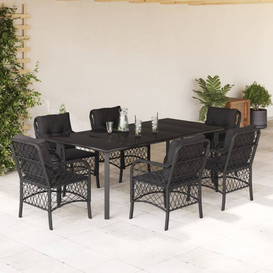 Set da Pranzo da Giardino 7 pz Nero con Cuscini in Polyrattan - homemem39