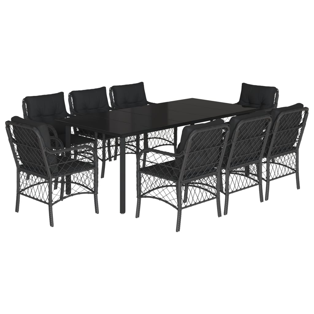Set da Pranzo da Giardino 9 pz con Cuscini Nero in Polyrattan | homemem39