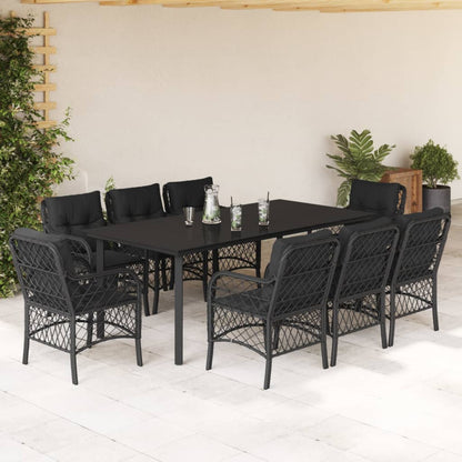 Set da Pranzo da Giardino 9 pz con Cuscini Nero in Polyrattan | homemem39