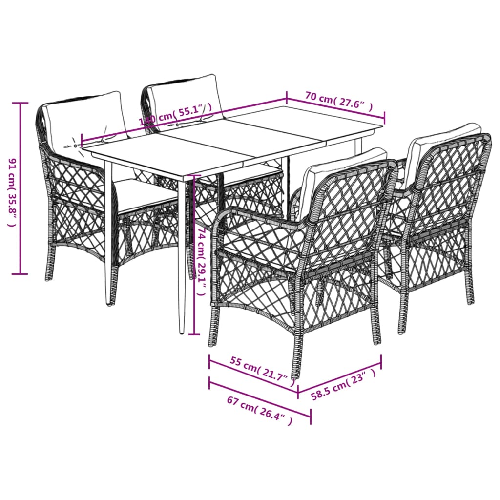 Set da Pranzo da Giardino 5pz con Cuscini in Polyrattan Marrone | homemem39