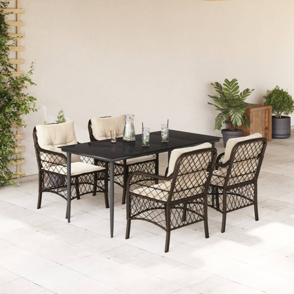 Set da Pranzo da Giardino 5pz con Cuscini in Polyrattan Marrone | homemem39