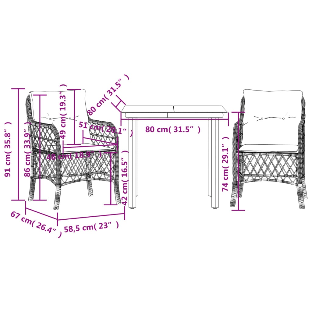 Set Bistrò 3 pz con Cuscini Marrone in Polyrattan | homemem39