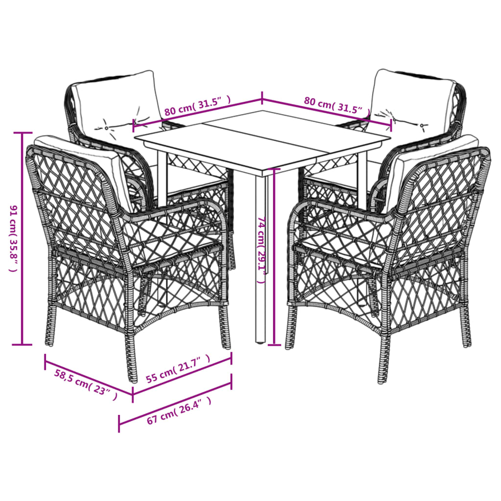 Set da Pranzo da Giardino 5pz con Cuscini in Polyrattan Marrone - homemem39