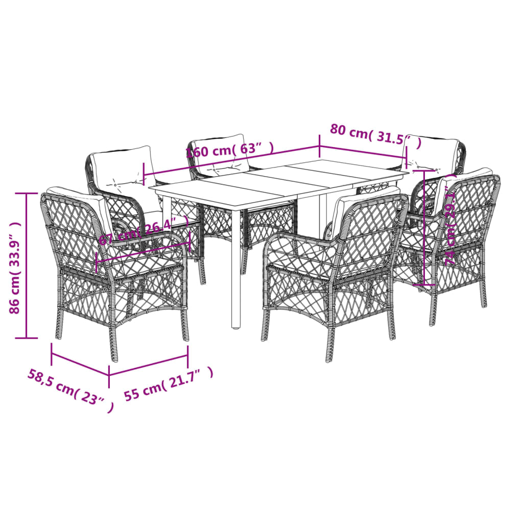 Set da Pranzo da Giardino 7pz con Cuscini in Polyrattan Marrone - homemem39
