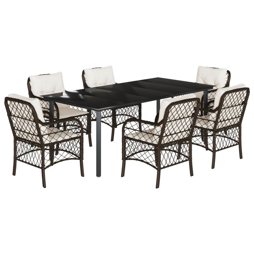Set da Pranzo da Giardino 7pz con Cuscini in Polyrattan Marrone