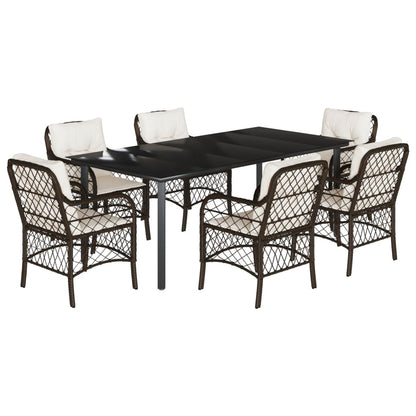 Set da Pranzo da Giardino 7pz con Cuscini in Polyrattan Marrone
