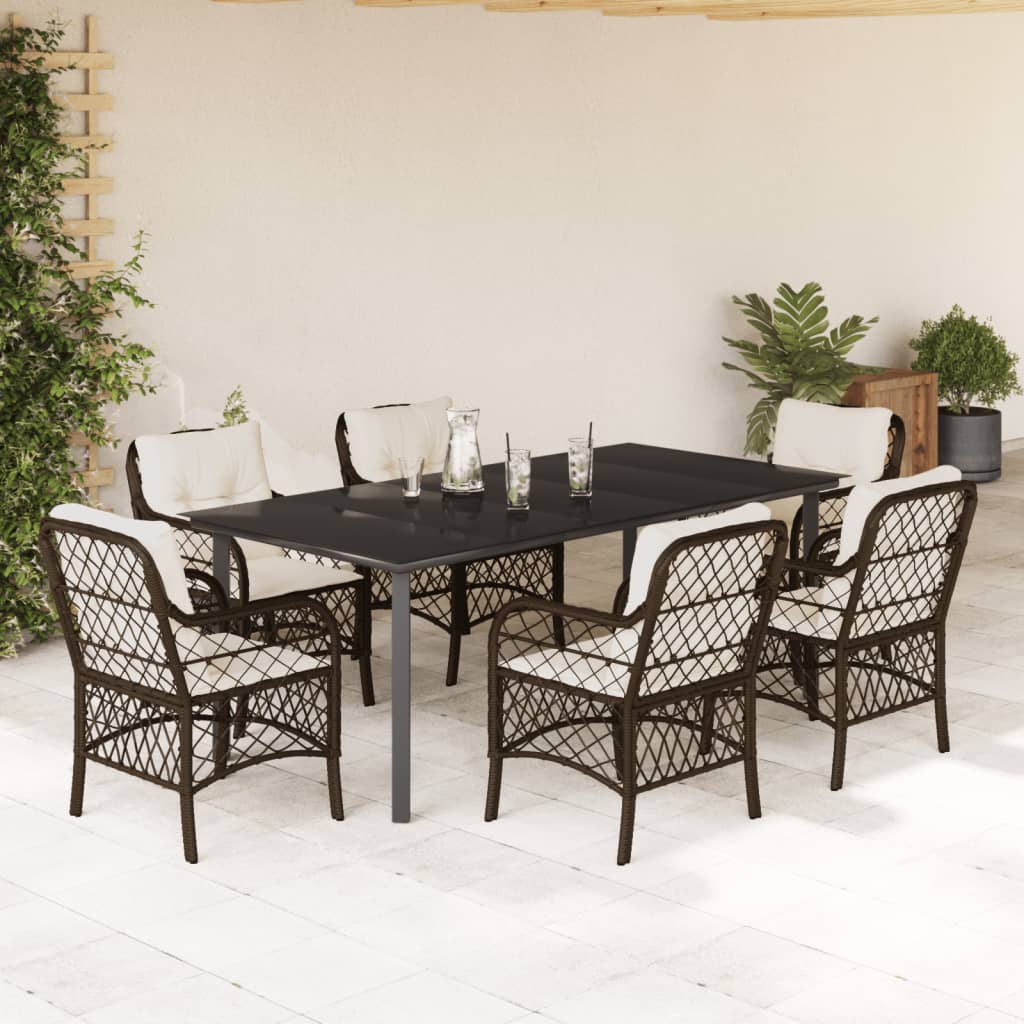 Set da Pranzo da Giardino 7pz con Cuscini in Polyrattan Marrone
