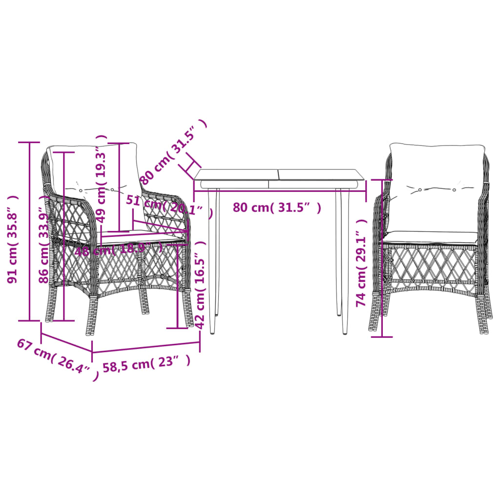 Set da Bistrò 3 pz con Cuscini Grigio in Polyrattan | homemem39