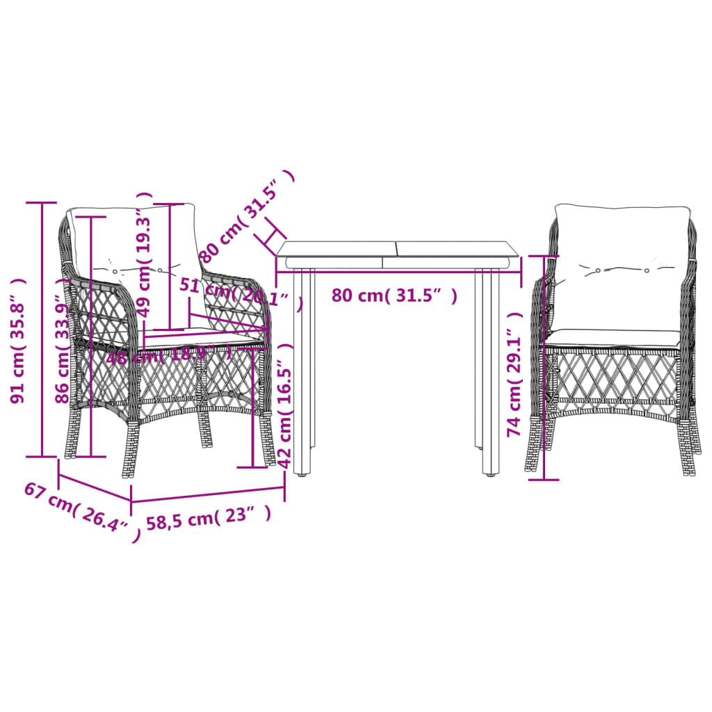 Set da Bistrò 3 pz con Cuscini Grigio in Polyrattan | homemem39