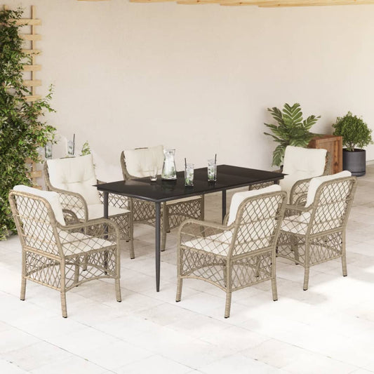 Set da Pranzo da Giardino 7 pz con Cuscini Beige in Polyrattan - homemem39