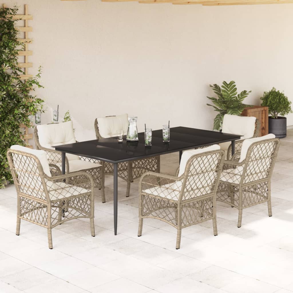 Set da Pranzo da Giardino 7 pz con Cuscini Beige in Polyrattan - homemem39