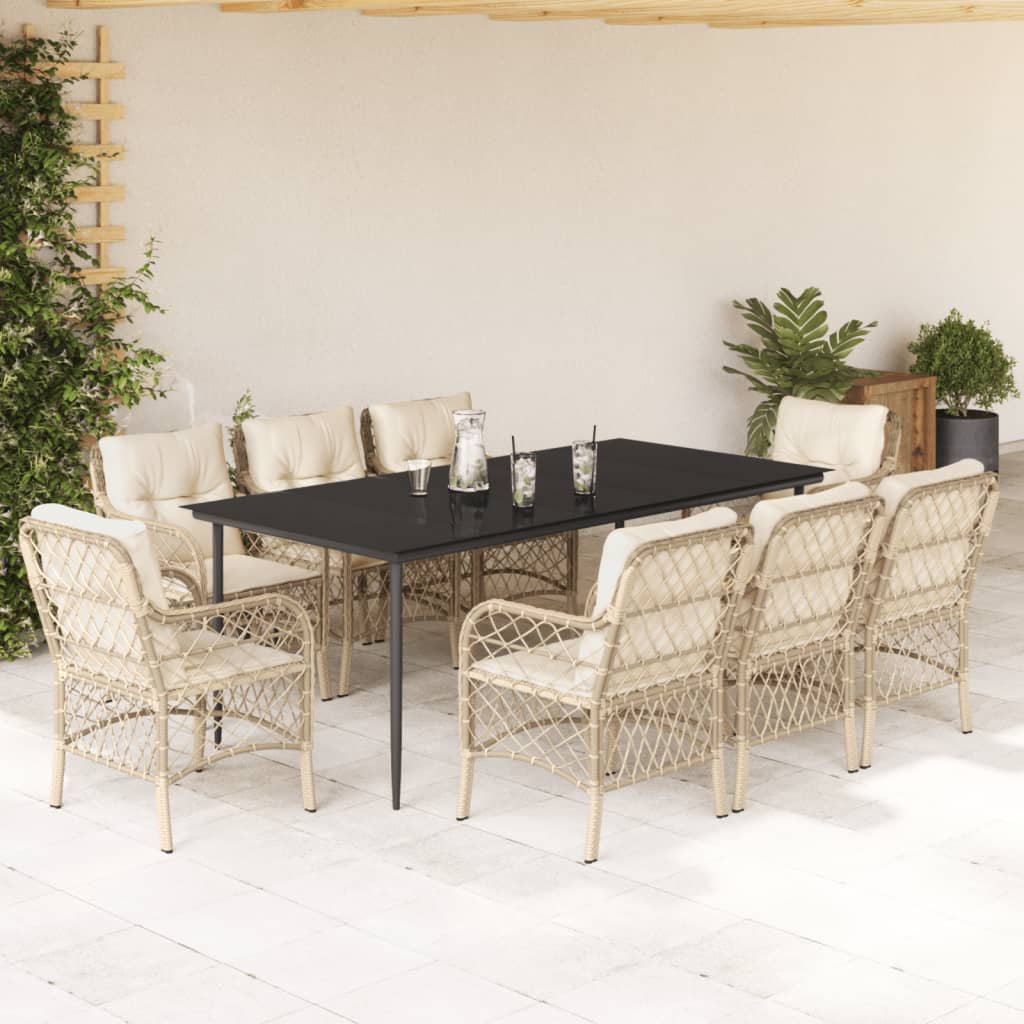 Set da Pranzo da Giardino 9 pz con Cuscini Beige in Polyrattan - homemem39