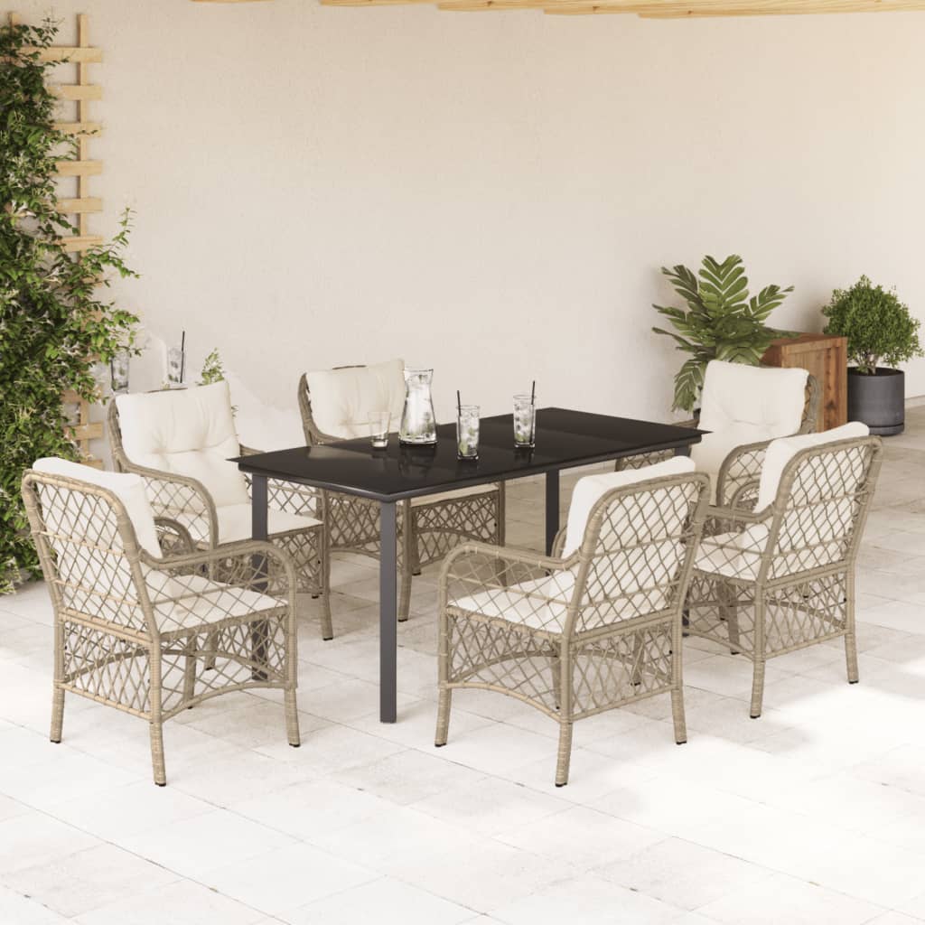 Set da Pranzo da Giardino 7 pz con Cuscini Beige in Polyrattan - homemem39