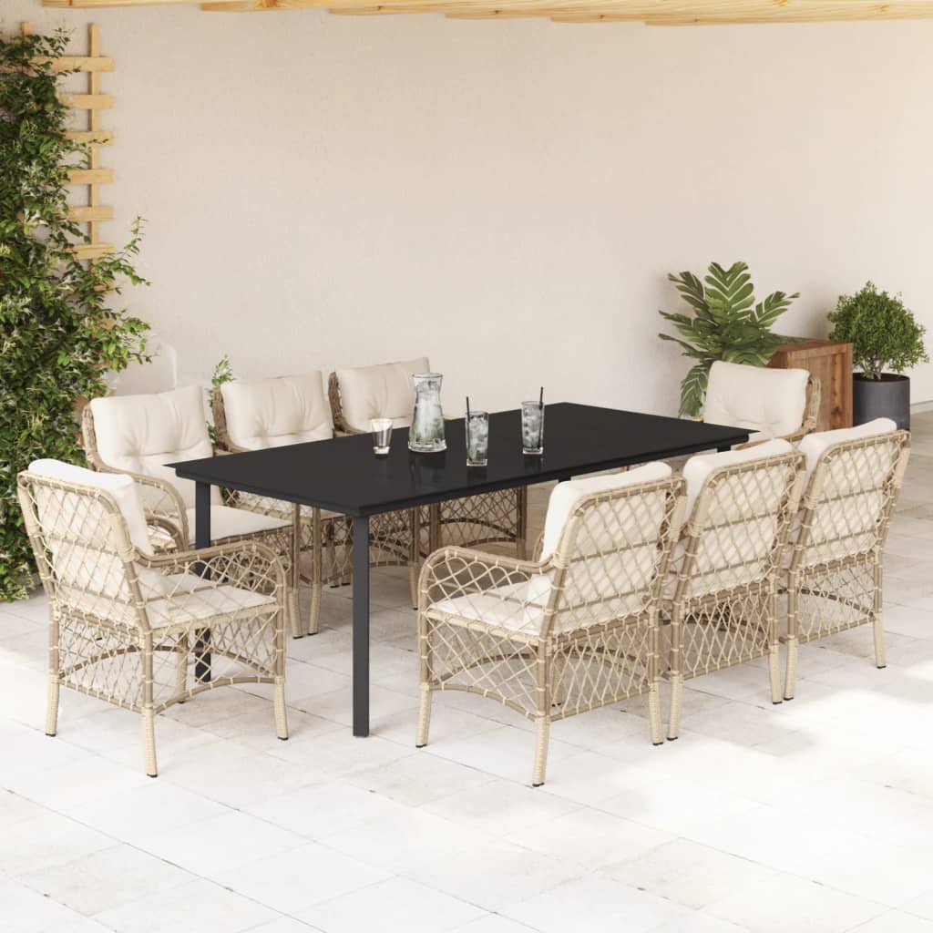 Set da Pranzo da Giardino 9 pz con Cuscini Beige in Polyrattan | homemem39