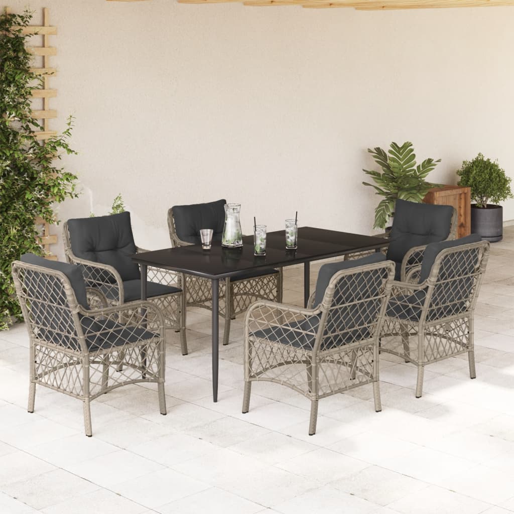 Set da Pranzo da Giardino 7 pz Cuscini Polyrattan Grigio Chiaro | homemem39