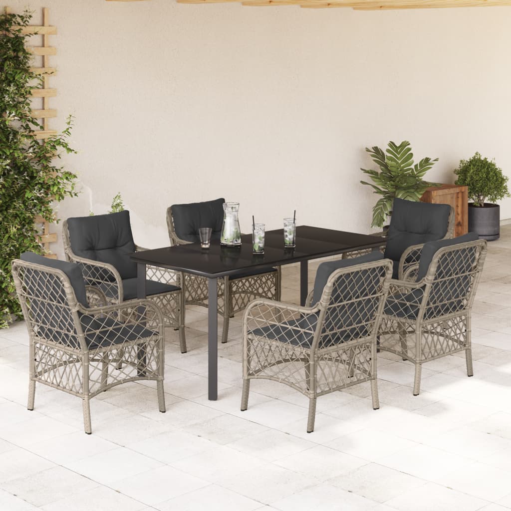 Set da Pranzo da Giardino 7 pz Cuscini Polyrattan Grigio Chiaro | homemem39
