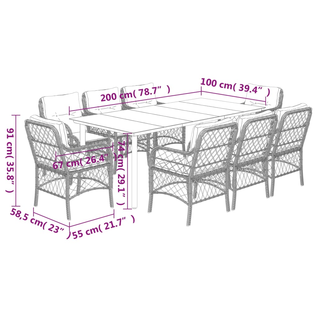 Set Pranzo da Giardino 9pz con Cuscini Grigio Chiaro Polyrattan - homemem39