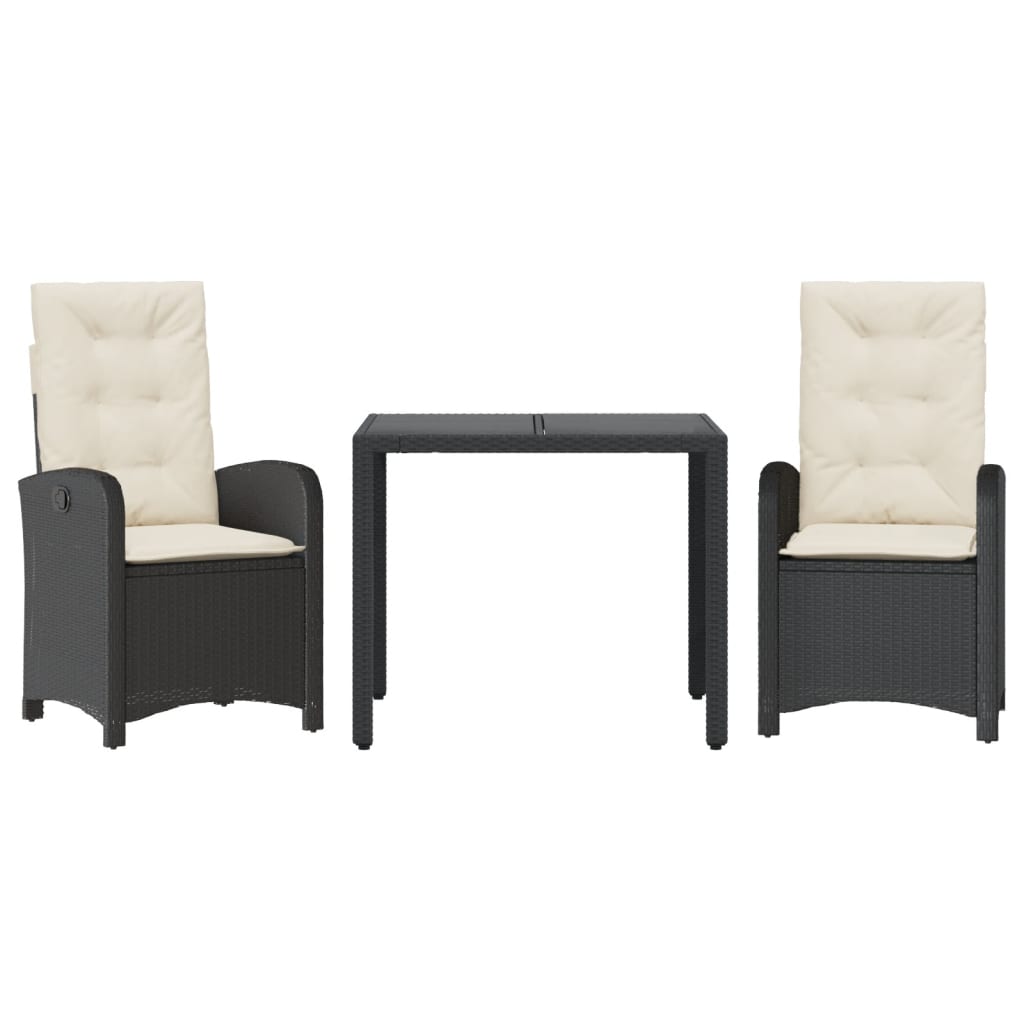 Set da Pranzo da Giardino 3 pz con Cuscini Nero in Polyrattan | homemem39