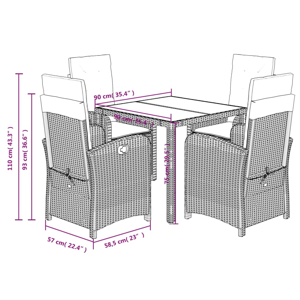 Set da Pranzo da Giardino 5 pz Nero con Cuscini in Polyrattan | homemem39