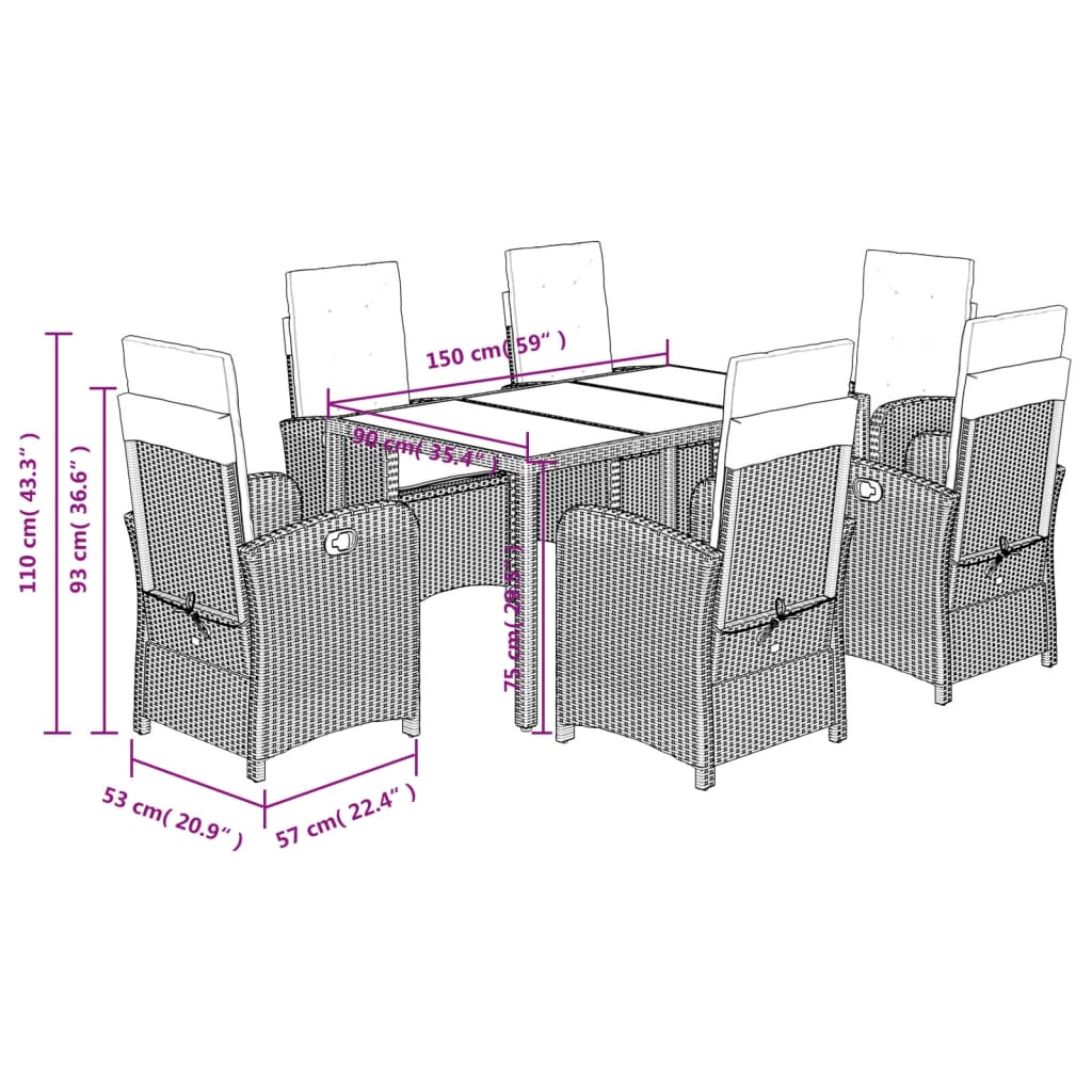 Set da Pranzo da Giardino 7 pz Nero con Cuscini in Polyrattan | homemem39