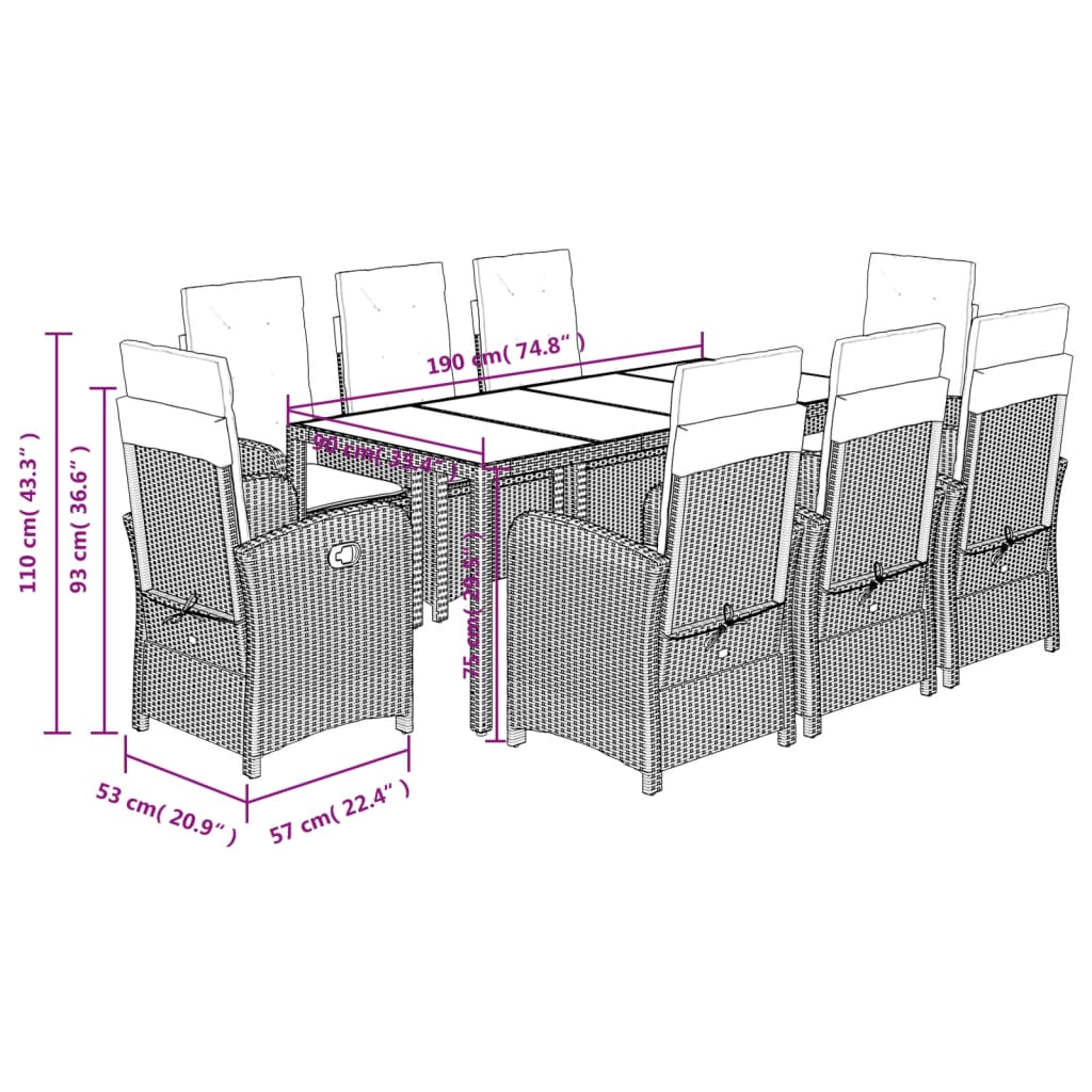 Set da Pranzo da Giardino 9 pz con Cuscini Nero in Polyrattan | homemem39