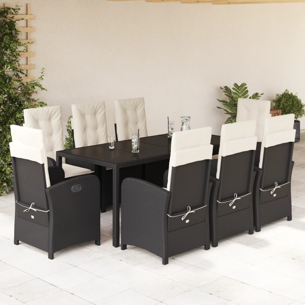 Set da Pranzo da Giardino 9 pz con Cuscini Nero in Polyrattan - homemem39