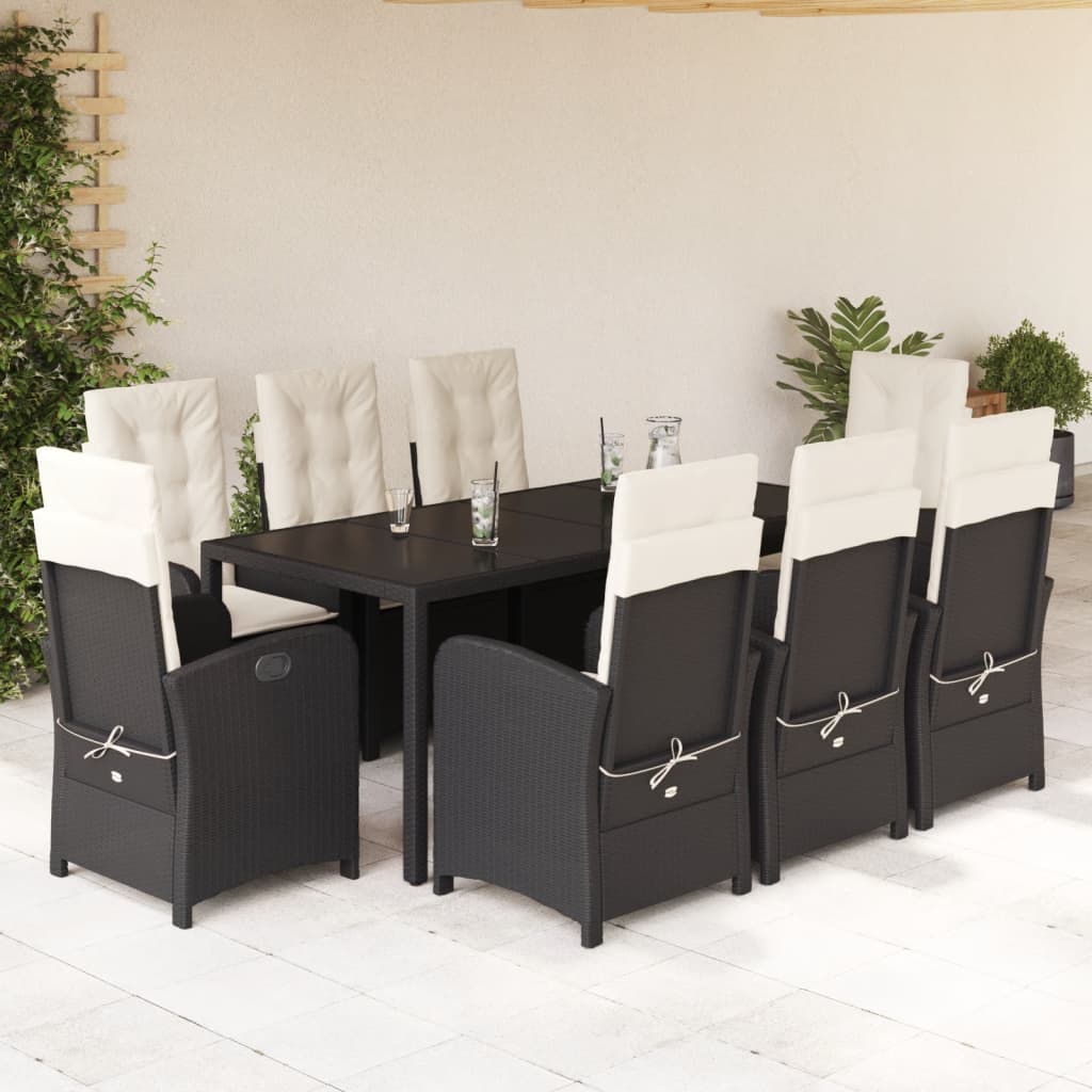 Set da Pranzo da Giardino 9 pz con Cuscini Nero in Polyrattan | homemem39