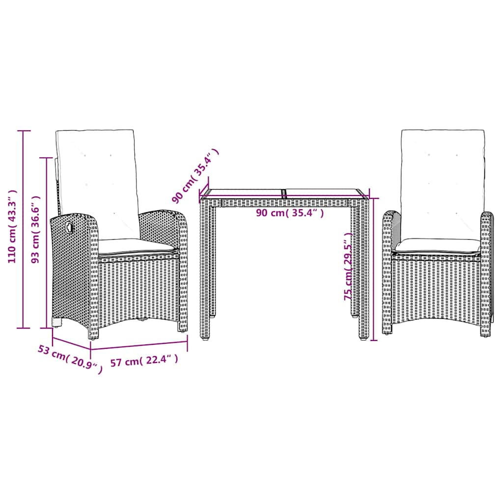 Set da Pranzo da Giardino 3 pz con Cuscini Nero in Polyrattan | homemem39