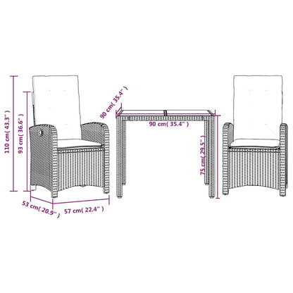Set da Pranzo da Giardino 3 pz con Cuscini Nero in Polyrattan | homemem39