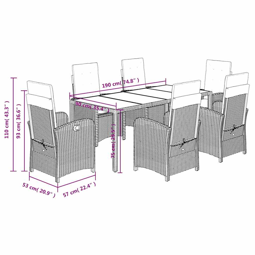 Set da Pranzo da Giardino 7 pz Nero con Cuscini in Polyrattan | homemem39