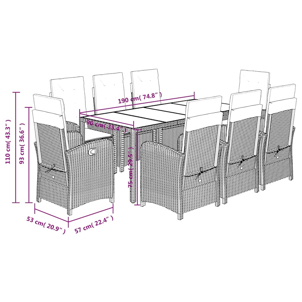 Set da Pranzo da Giardino 9 pz con Cuscini Nero in Polyrattan | homemem39