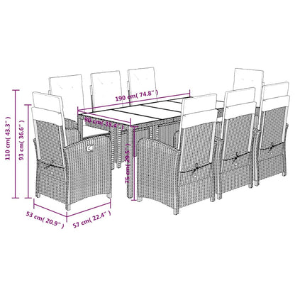 Set da Pranzo da Giardino 9 pz con Cuscini Nero in Polyrattan | homemem39