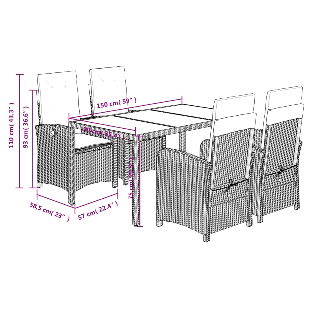 Set da Pranzo da Giardino 5 pz con Cuscini in Polyrattan Grigio | homemem39