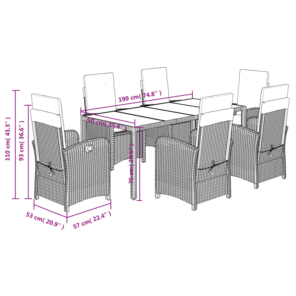 Set da Pranzo da Giardino 7 pz con Cuscini in Polyrattan Grigio | homemem39