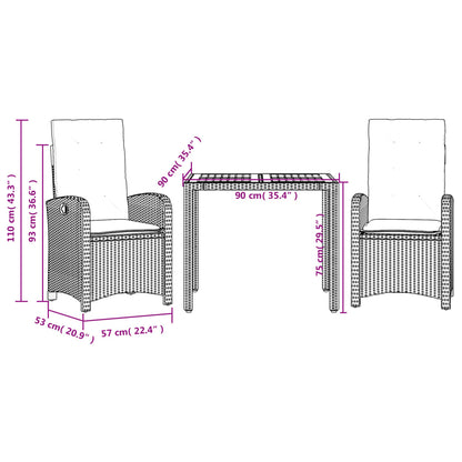Set da Pranzo da Giardino 3 pz con Cuscini Nero in Polyrattan | homemem39