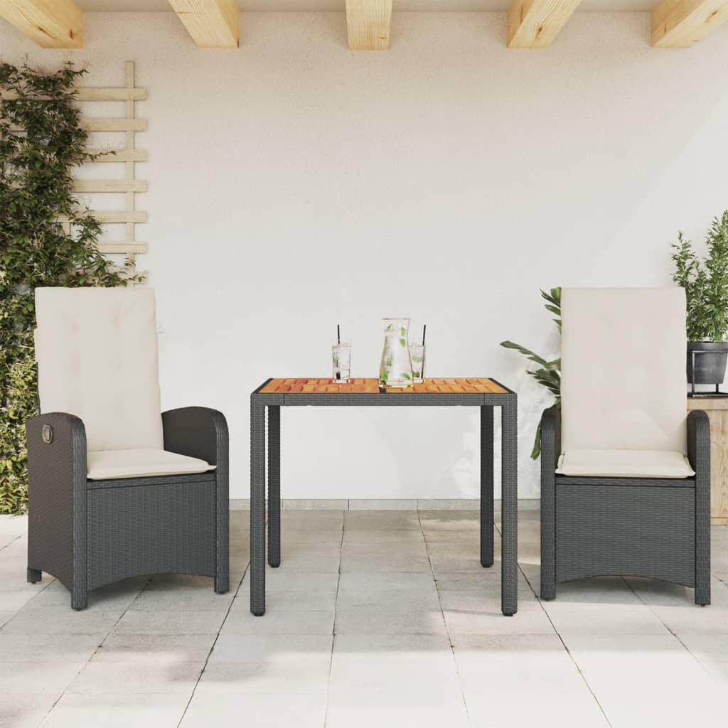 Set da Pranzo da Giardino 3 pz con Cuscini Nero in Polyrattan | homemem39