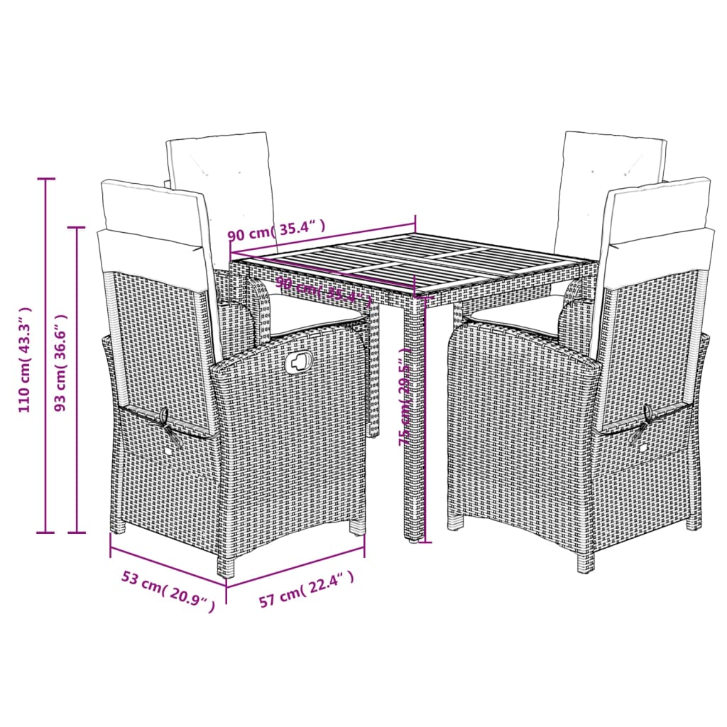 Set da Pranzo da Giardino 5 pz Nero con Cuscini in Polyrattan | homemem39