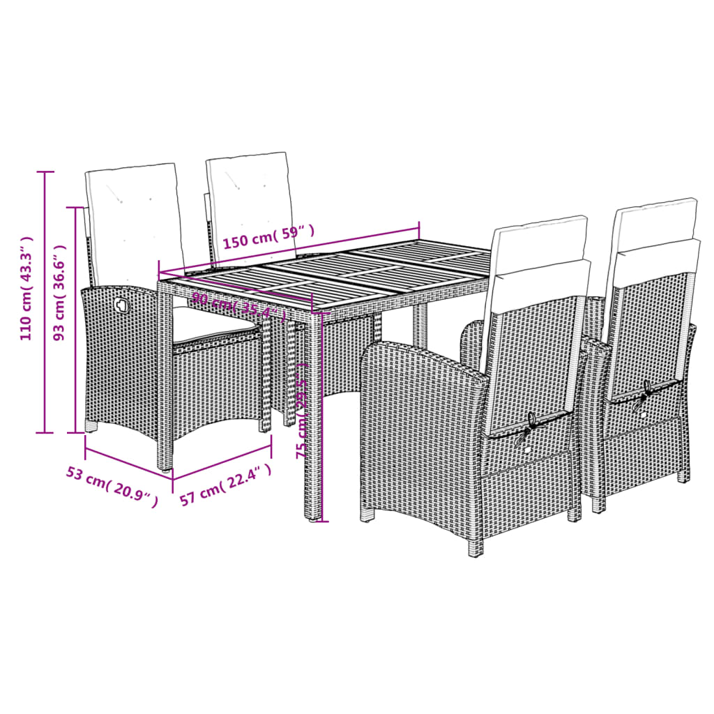 Set da Pranzo da Giardino 5 pz Nero con Cuscini in Polyrattan | homemem39