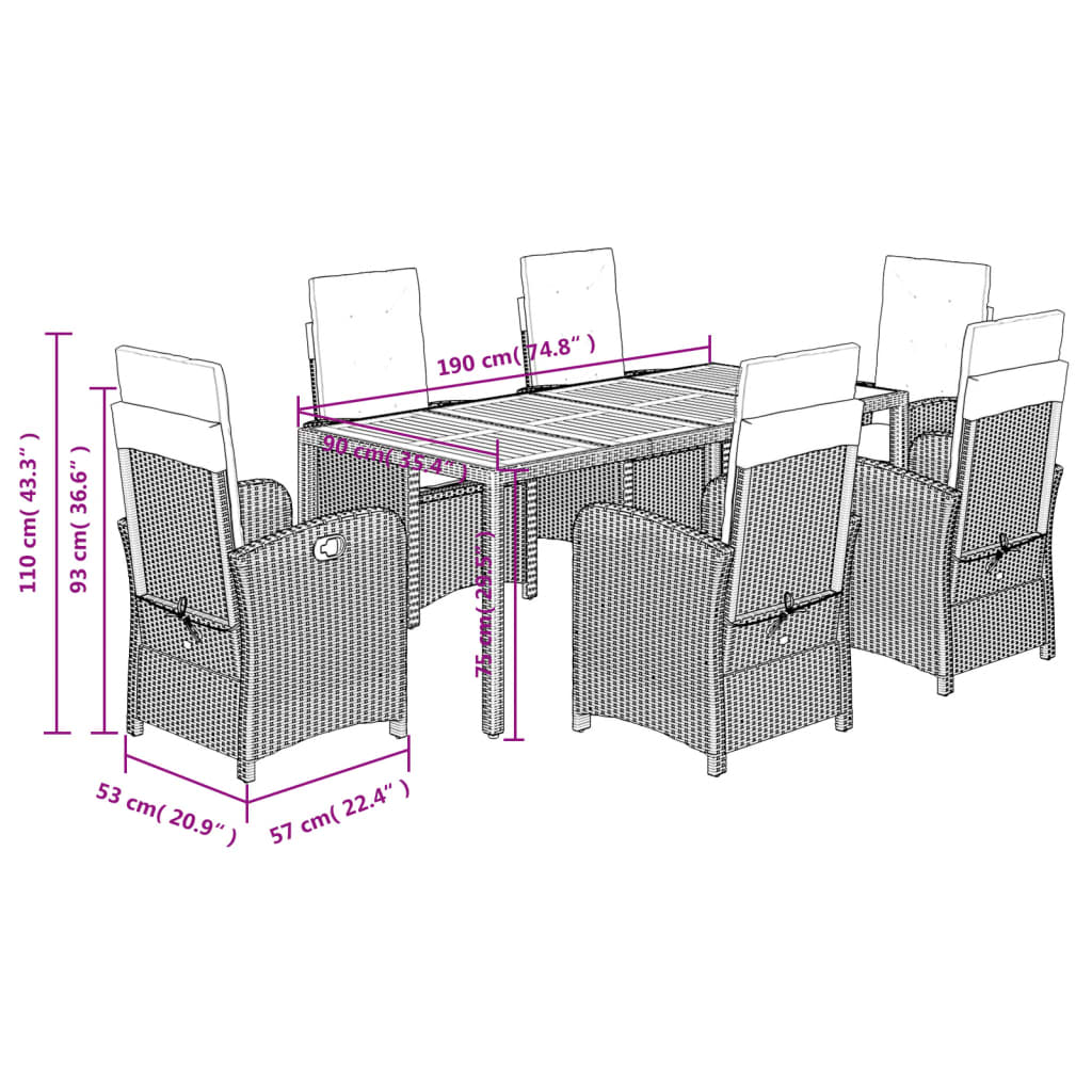 Set da Pranzo da Giardino 7 pz Nero con Cuscini in Polyrattan - homemem39
