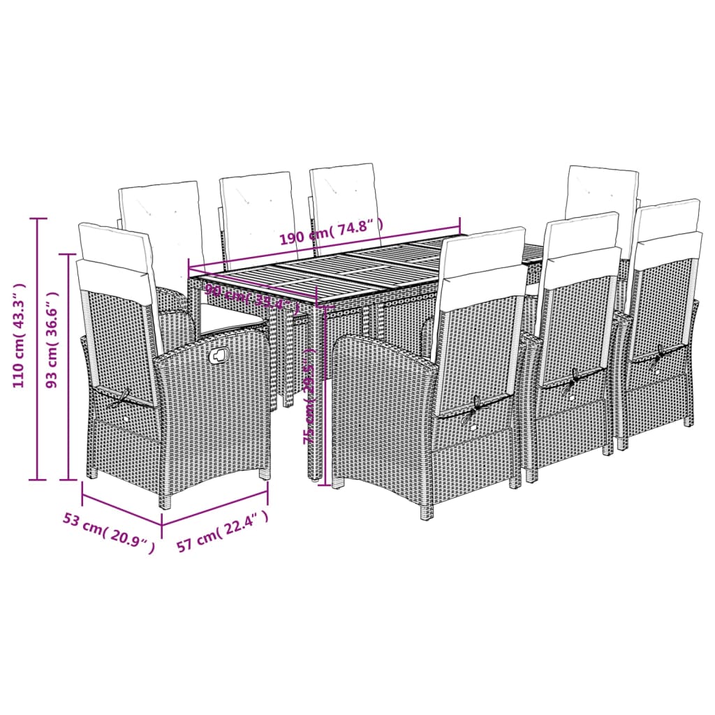 Set da Pranzo da Giardino 9 pz con Cuscini Nero in Polyrattan | homemem39