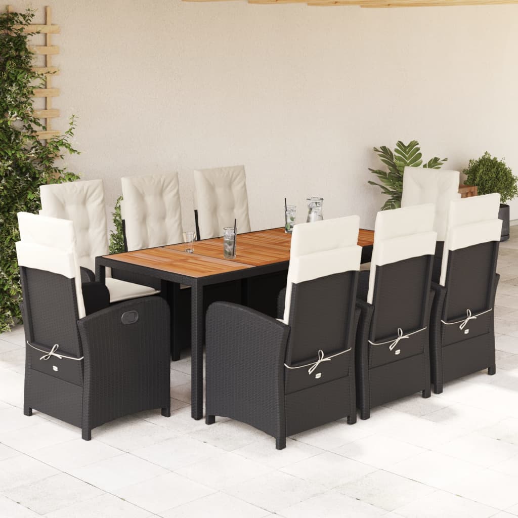 Set da Pranzo da Giardino 9 pz con Cuscini Nero in Polyrattan | homemem39