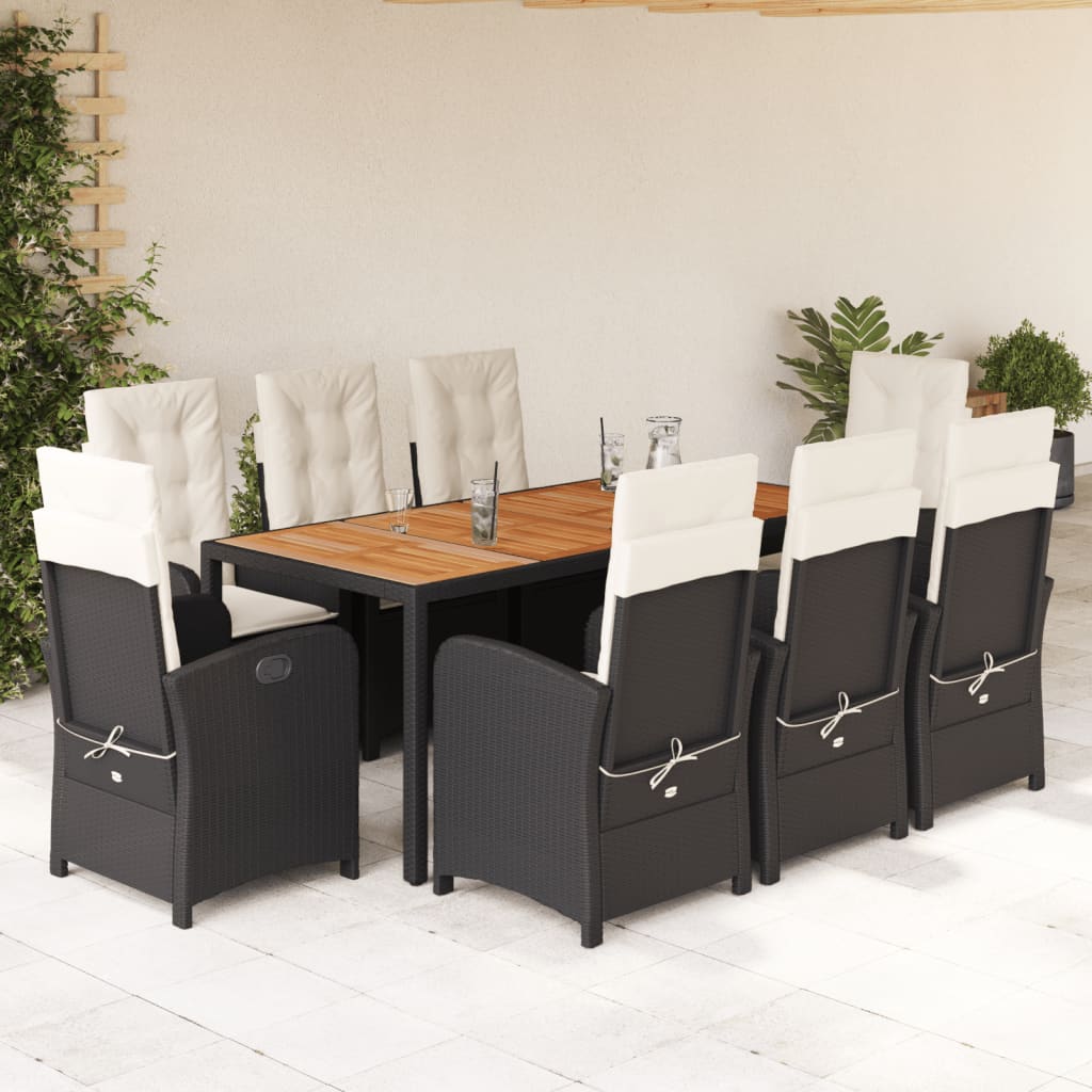 Set da Pranzo da Giardino 9 pz con Cuscini Nero in Polyrattan - homemem39