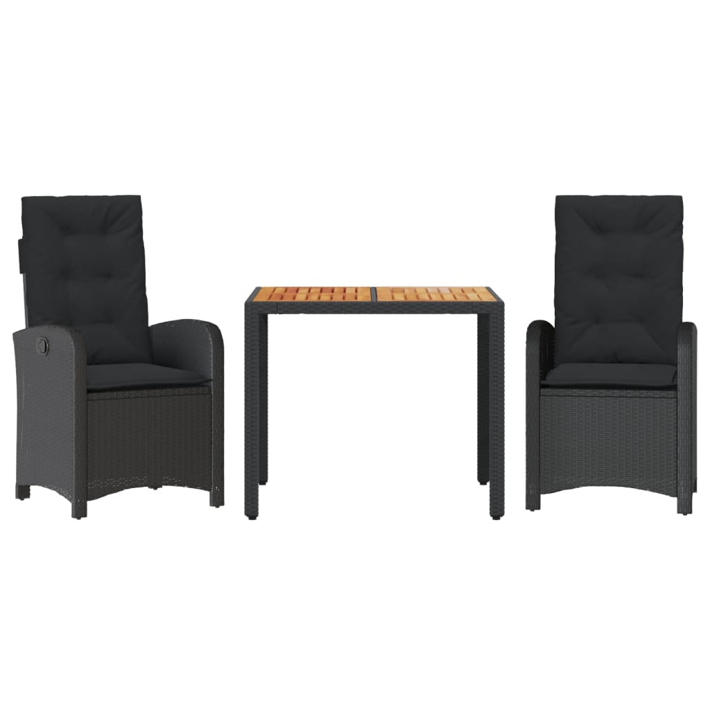 Set da Pranzo da Giardino 3 pz con Cuscini Nero in Polyrattan
